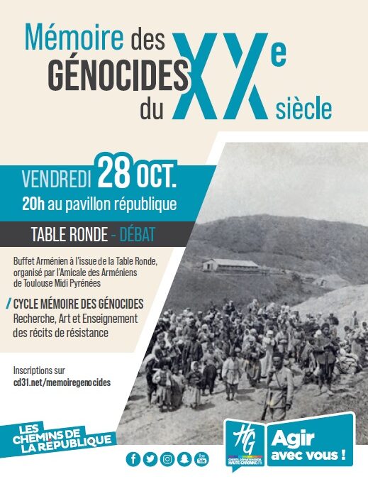 Conférence-débat “Mémoire des génocides du XXe siècle” – Vendredi 28 octobre à 20h à l’Hôtel du Département